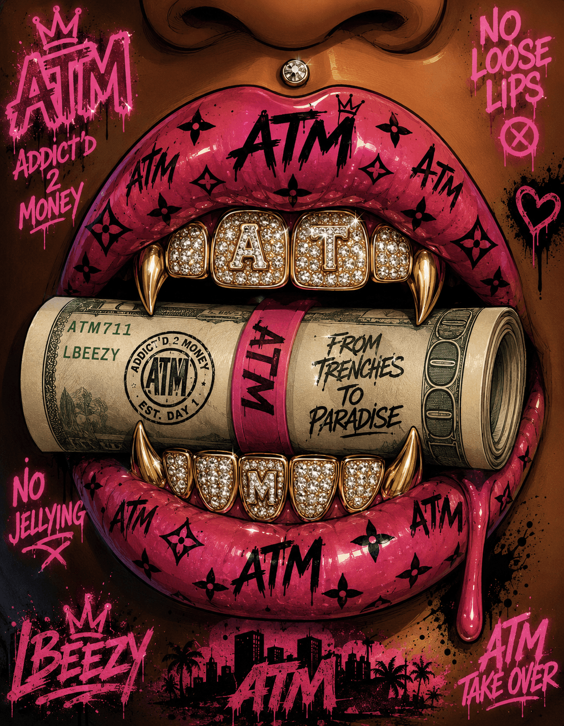 ATM Universe artwork with pink graffiti lips, gold grills, and a rolled bill.