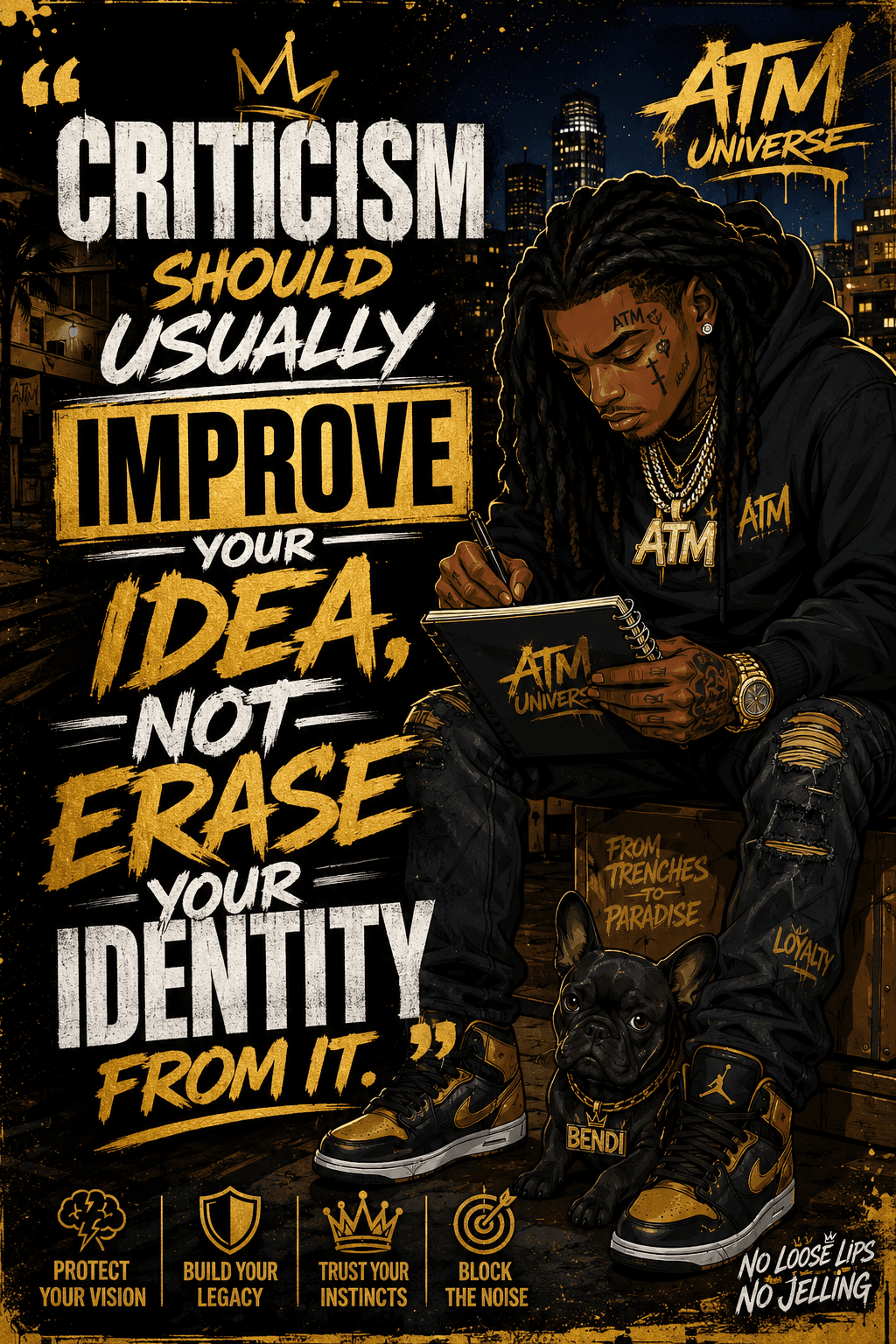 ATM Universe artwork of a writer with their dog and a message about turning criticism into improvement.