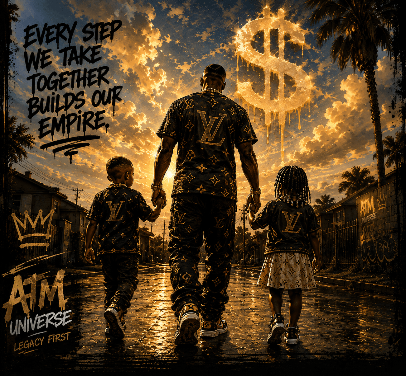 ATM Universe artwork showing an adult and two children walking together through a gold-lit street.
