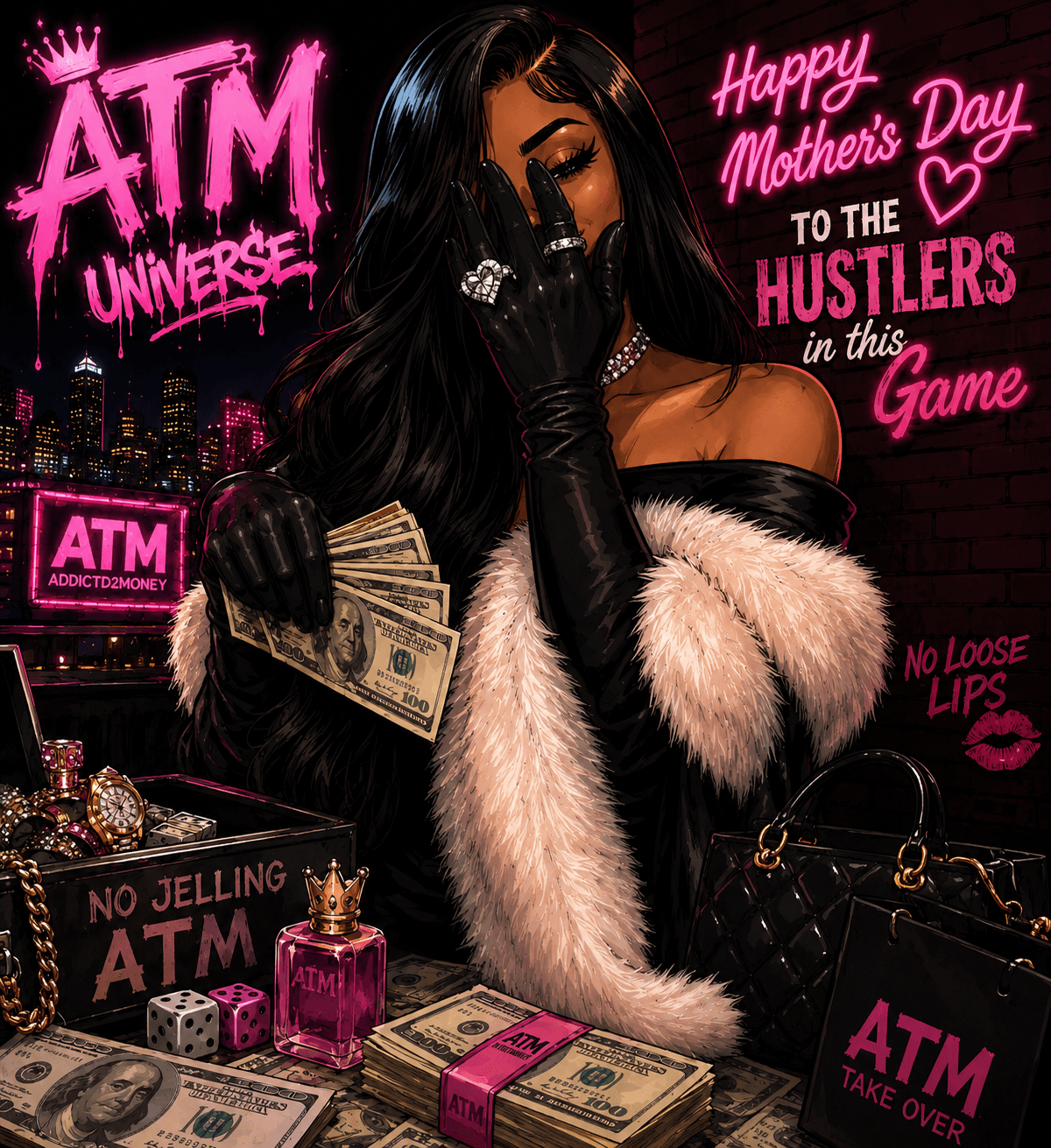 ATM Universe fashion artwork with neon pink lettering and a city night backdrop.