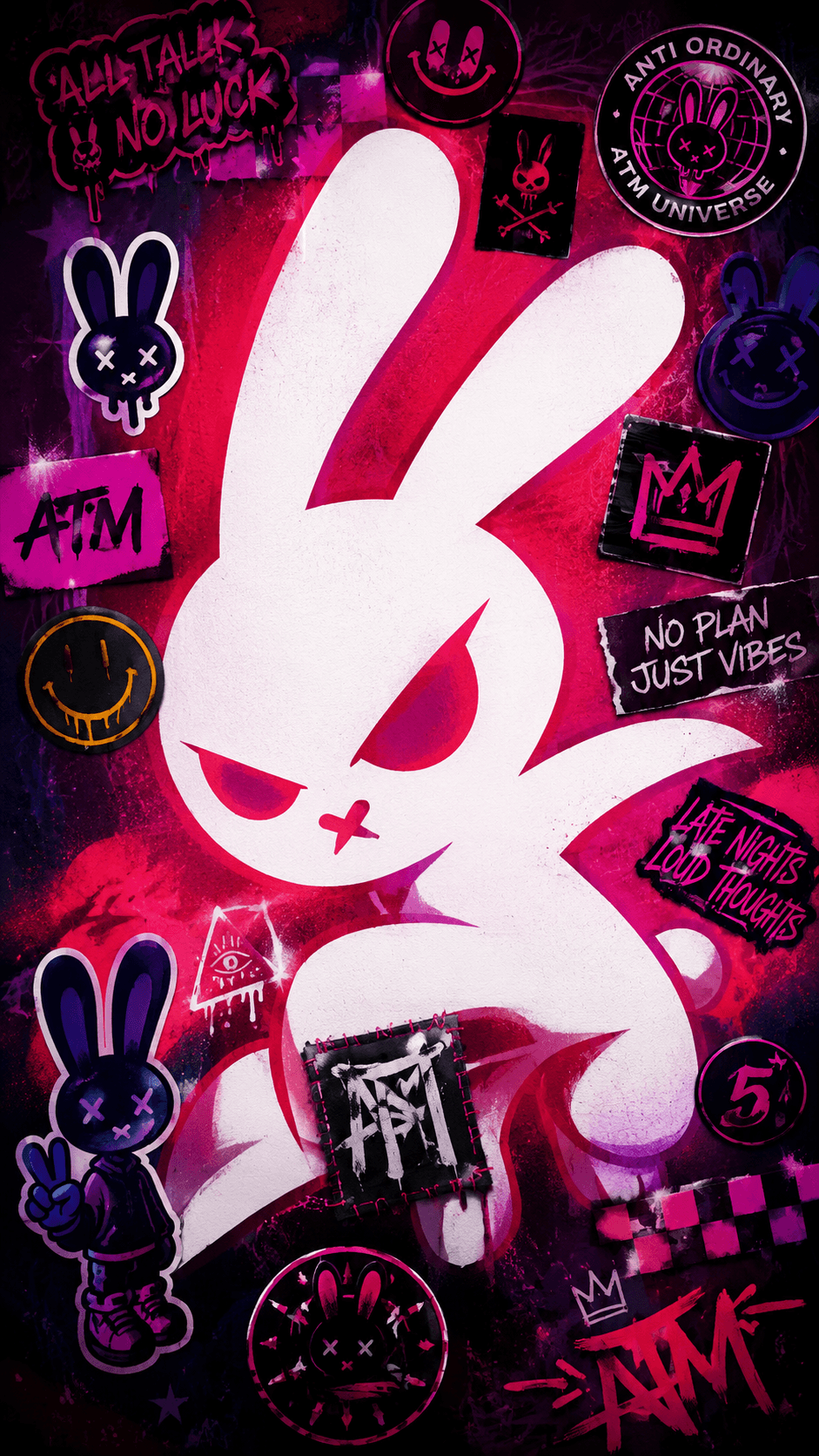 ATM Universe bunny graffiti artwork in magenta, black, and white.