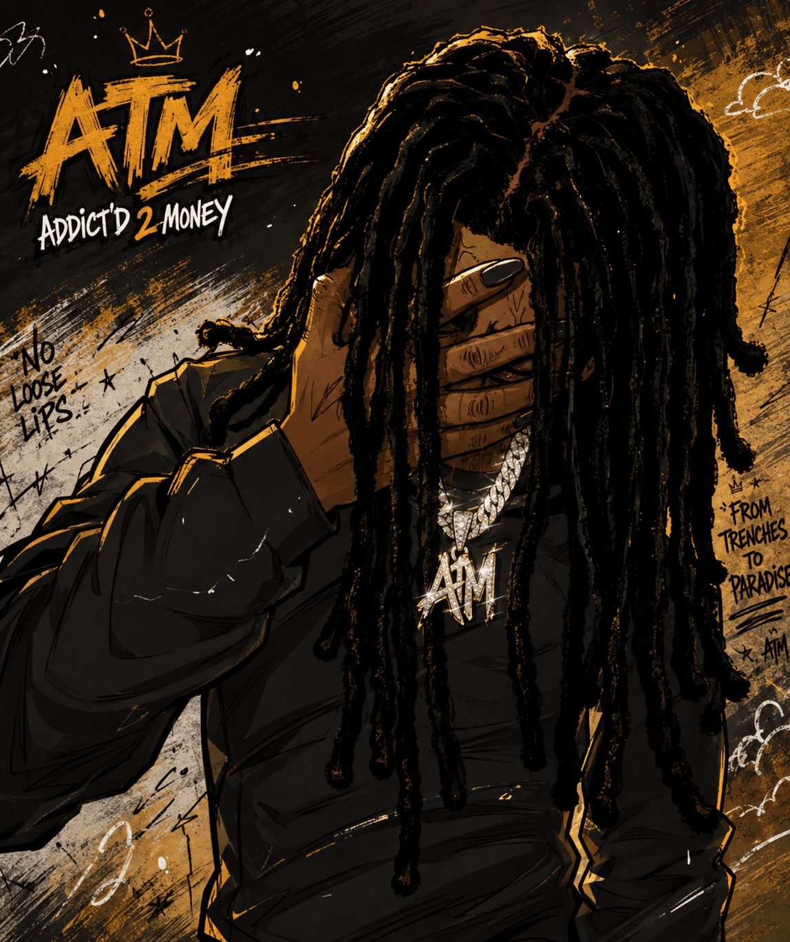 ATM Universe black-and-gold illustrated portrait with graffiti marks and a gold chain.